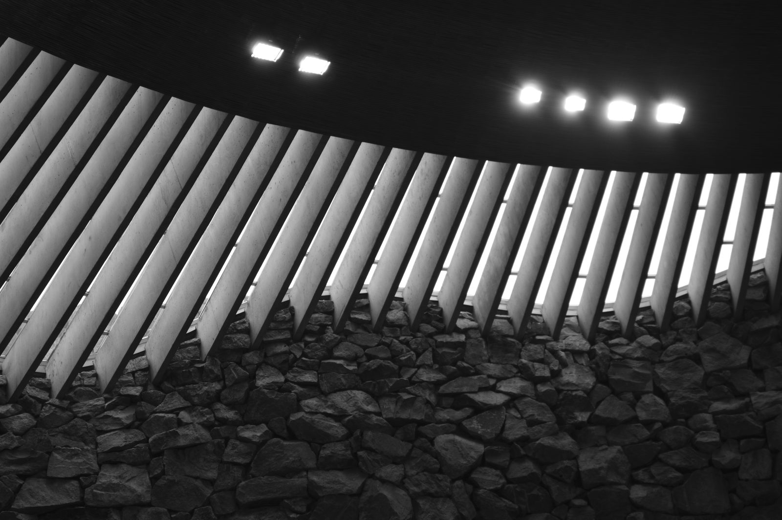 Concrete louvres and rock wall of Temppeliaukio Church, Helsinki